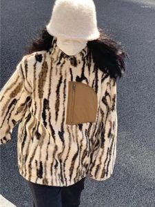 Women's Trench Coats Women Zebra Stripes Lamb Fleece Cotton Coat Vintage Tie Dye Plush Winter Jacket Casual Hio Hop Warm