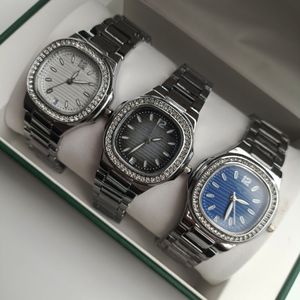 Top -Qualität Frauen Designer Edelstahl Diamant Uhren importierten Quarzbewegungen Gummi -Lumber Uhr Womens Gift mit Schachtel