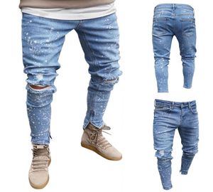 Männer malen Punkt gerissene Jeanshosen Stretch zerstörte Lochjeans Mode -Knöchel Reißverschluss Röhrenhöhle Hose für Männer 2019 New3017149