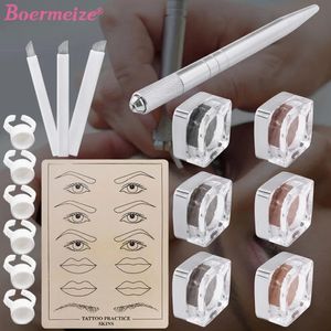 Machine Tattoo Kit Pigment Ink Manual Pen Eyebrow Permanent Makeup Disposable Microblading Needles Practice Skin Ink Cup Set Beginners