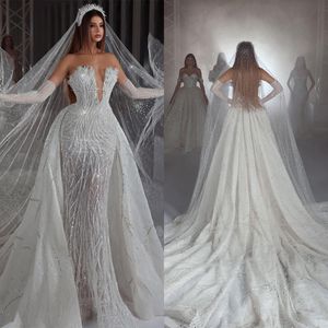 Shine Crystal Mermaid Wedding Dresses Fashion 3D-Lace Sexy Deep V-Neck Pärlor Slim Fit Löstagbara tåg Brudklänningar Size Custom Made D-H23825