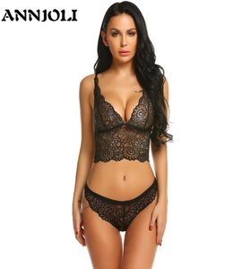 Bras Sets Annjoli Frauen sexy hohle Spitze florale Dessous Plus Size Erotic Nightwear Nighty Costumes BH mit G String Unterwäsche5924133