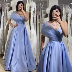 Ny designer baby blå aftonklänning 2024 en axel veck satin a-line golvlängd formell parti prom klänningar mantel de soiree casamento