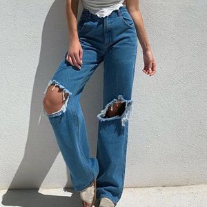 Jeans femininos Y2K High Waist Streetwear 90s Baggy for Women Pants Casual Hole Denim Trouser Large Large Wide Leg