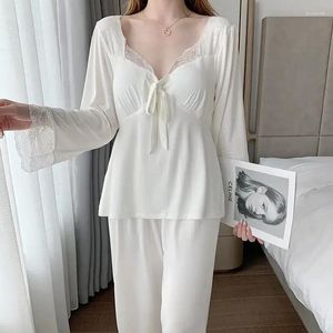 Women's Sleepwear Lace Women Pajama Sets With Pad Solid Piiama 2 Pieces Korean Long Sleeve Night Wears Sleep Spring Home Suit 2024