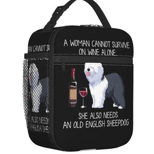 Bags Old English Sheepdog And Wine Thermal Insulated Lunch Bag Funny Dog Animal Lunch Container Work School Travel Storage Food Box