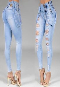 Kvinnliga jeans hög midja rak mager stretchy pant streetwear dam hål tvättat bandage denim blyerts byxor byxor 2204234756477