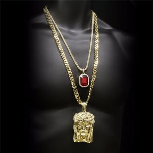 Hip Hop Golden Crowned Jesus Head Pendant Smycken Set Square Gem Crystal Double Pendants Halsband Set Cuban Chain273L