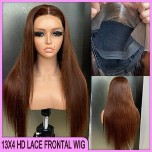 Malaysisk peruansk indisk brasiliansk brun silkeslen rak 13x4 hd spets frontala peruk 22 tum 100% rå jungfru remy mänskligt hår