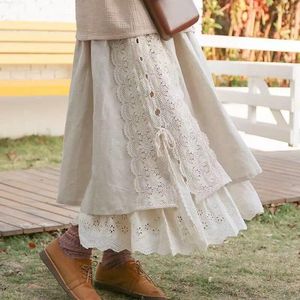 Kjolar 2023 Spring Women's Mori Girl Vintage Cotton Linen broderi Princess Kawaii Lolita Söt maxi kjol saia boutique rv628