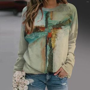 Women's Blouses Loose O-Neck Shirt Tie-Dye Cross Painting Printed Oversized Blouse Tops Fashion Pullover Autumn Long Sleeve Basic Shirts