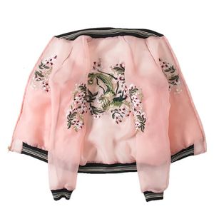 Organza Vintage Flower Embroidered Baseball jacket Women Casual Bomber Ropa mujer Summer casual Thin Sunscreen coat 231222