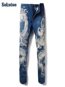 Sokotoo Men039S Fashion Dragon Print Jeans Male Colored Ritning Painted Slim Denim Pants Elastic Black Long Byxor Y190723013737994