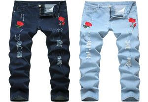 MEN039S Jeans Gül İşlemeli Erkekler İçin İşlemeli Moda Sıska Pencil Pantolon Delikleri Mavi Denim Bahar Autumn5315112