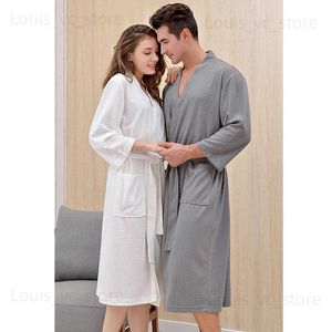 Kadınların Pijama Waffle Çift Bandrobe Bahar Kadınlar Elbise Üç Çeyrek Kollu Pamuklu Kimono Katı Coble Cepler Diz Uzunluk Cüppeler T231223