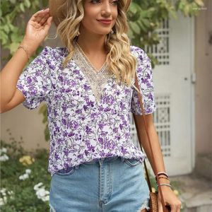 Kvinnors blusar Summer Casual Lace Patchwork V-ringning Chiffon Tryckt Löst kortärmad toppmode blommig skjorta