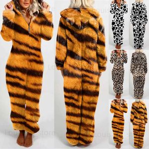 Kvinnors sömnkläder Autumn Winter Animal Leopard Tiger Print Onesies kvinnor långärmad pyjamas huva jumpsuit varm plysch fleece sömnkläder pijama t231223