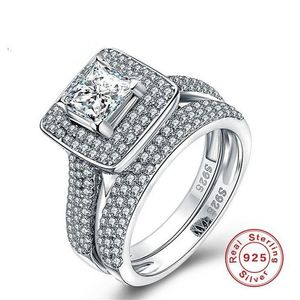 Boyut 5-10 lüks takılar saf% 100 925 STERLING Gümüş Prenses Kesim Beyaz Safir Taş Taşları CZ Diamond Kadın Düğün Çift Yüzük