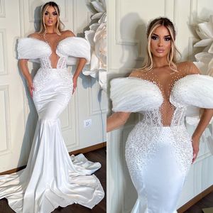 Fashion Shine Pearls Mermaid Wedding Dresses 3D-Lace Sexy Tulle V-ringpärlor Slim Fit Löstagbara tåg Brudklänningar Size Custom Made D-H23833