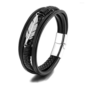 Bankle Leaf Charms PU Leder Mode handgefertigt schwarze Wickel gewebte Männer Armbänder Retro Punk Männchen Schmuck 2024 Geschenk Drop