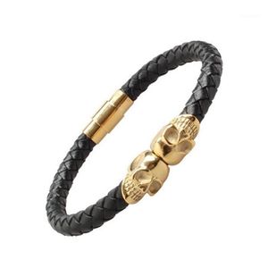 Manschettflätat läderband armband män gotisk punkskalle i fast titan rostfritt stål dia 8mm guld ros silver svart färg13112