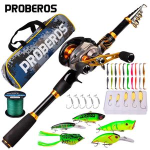 Combo Proberos Telescopic Rod and Reel Kit 2.1 Carbon Fiber Fishing Rod 7.2:1 Gear Ratio Baitcasting Reel Line Lures Hooks Bag Combo