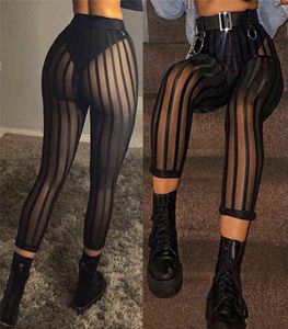 Sexy Mesh Striped Leggings Women Striped Mesh Perspective Pants Knee Length Slim Trousers Club Wear L2207147702161