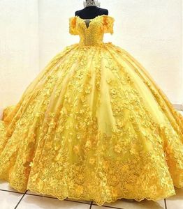 Quinceanera Dresses Yellow Prom Party Ball Gown Custom Zipper Lace Up Plus Size New Vestido De For Sweet 15 Applique Tulle 3D Floral Appliques Off-Shoulder