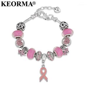 KEORMA Breast Cancer Awareness Pink Ribbon Pendant Heart Snake Chain Adjustable Charm Bracelet & Bangles Women Mother's Day G256V