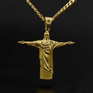 Hip Hop Cuba Kette 18K Gold plattiert CZ Voll gemischtes Rio de Janeiro Jesus Edelstahl Anhänger Halskette Herren Mode Schmuck264z