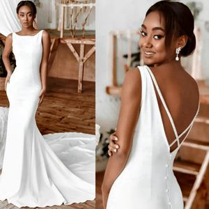 Country Beach Wedding Dresses Mermaid Elastic Satin Backless Elegant Bridal Gowns for African Black Women Lace Pearls Dress for Brides Illusion Gown with Wrap D041
