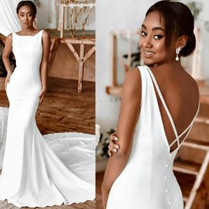 Vestidos de casamento de praia country sereia cetim elástico sem costas vestidos de noiva elegantes para mulheres negras africanas vestido de pérolas de renda para noivas vestido de ilusão com envoltório D041