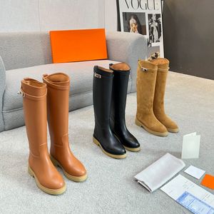 Designe boot smooth calfskin Buckle Slip-On Knight Boots chunky heel leather Round toe knee-high riding boots luxury designers flats heel Rubber sole