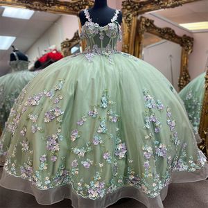 Sage Green Sweetheart 3D Flowers Tull Quinceanera Dress Ball Gown Puffy Dress 16th Birthday Debut Vestido de Charra 15 Anos