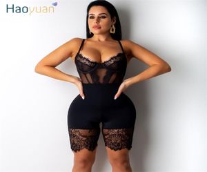 Haoyuan Sexy Sheer Lace Patchwork Spaghetti Strap Playsuit Women Fashion Dompers Night Club наряд Bodysuit Шорты Jumpsuit Y2004255566286