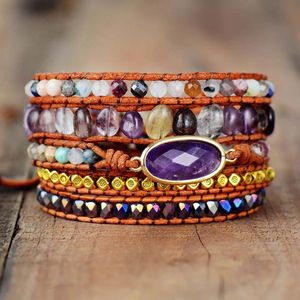 Bangle New Luxury Leather Wrap Bracelet W/ Natural Stones Purple Beads Quartz Weaving Statement Boho Bracelet Wholesale Dropshipping