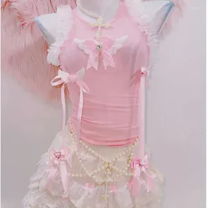 Kadın Tankları Harajuku Moda Y2K Üst sevimli üst aksesuarlar pembe tişörtlü dantel e kız kıyafetleri lolita tank kawaii