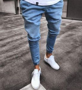 Mens süper sıska açık mavi kot moda tasarımcısı pileli panelli denim joggers yıkanmış streç bisikletçi kalem pantolon trousres2779944