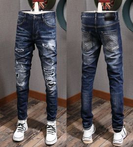 Männer Cowboyhose US Euro Fashion Design Metal Match Kette Akzent beschädigt Jeans Skater Fit Rip Denim9230557