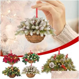 Weihnachtsdekorationen künstlicher hängender Blumenkorb Anhänger 2d grün rote Kranz Pflanze Weihnachtsbaum Ornamente Frohe Dekoration Noel Dro Dhqsj