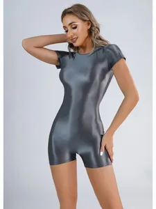 Roupa de ioga Manga curta Elastic Playsiits Shiny Swimsuith Front Bodysless Bodys Tampes de corpo sexy tops atléticos academia de fitness unitário unitário