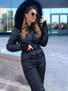 Tuta da sci con cappuccio in pelliccia di pelle Donna Parka a maniche lunghe in vita elastica Giacca con zip in un pezzo Cappotto invernale casual imbottito in cotone