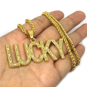 Kristallbrief Lucky Anhänger Halsketten Golden Bling Schmuck Geschenke Männer Frauen Hip Hop Charme Strassketten viel Glück252k