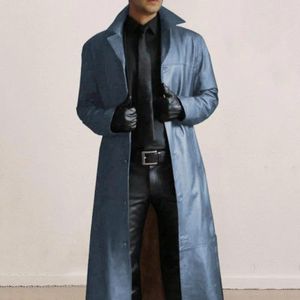 Herren Trench Coats Männer Faux Leder Jacke Streetwear Mantel mit Turnhalterkragen winddichtem schlanker Pass für lange