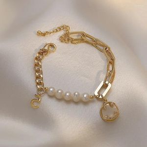 Strand Minar Funny White Color Shell Rhinestone Smile Round Coin Charm Bracelets For Women Chunky Cuban Chain Freshwater Pearl Bracelet