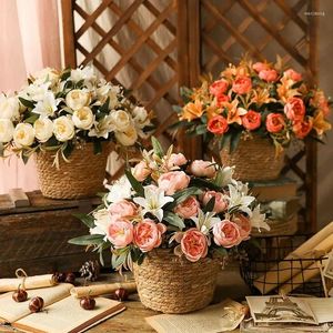 Decorative Flowers Vintage Simulation Silk Peonies Lilies Bouquet Valentine's Day Gift Fake Flower Red Lily Peony Floral Artificial