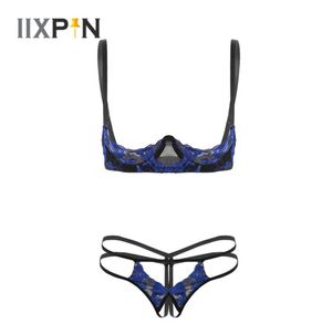 Kvinnors erotiska broderier ren spets underkläder set sexig olinerad kammussling öppen kopp underwire behå med crotchless gstring thongs9885285