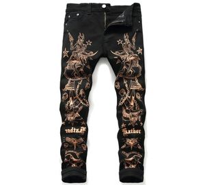 Unique Mens Skinny gold stamp Black Jeans Fashion Designer Doodle Slim Fit Moto Biker Hip Hop Denim Pants Streetwear Trousers 56495349252