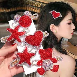 Hair Clips Red Rhinestone Heart-shaped Clip Bowknot Bangs Side For Girls Year Gift Wedding Party Accessories Fashion Jewelry