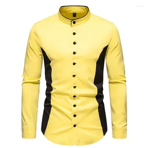 Men's Casual Shirts #4732 Yellow White Spliced Color Vintage Long Sleeve Shirt Men Stand Collar Buttons Streetwear Business Male Euro Size